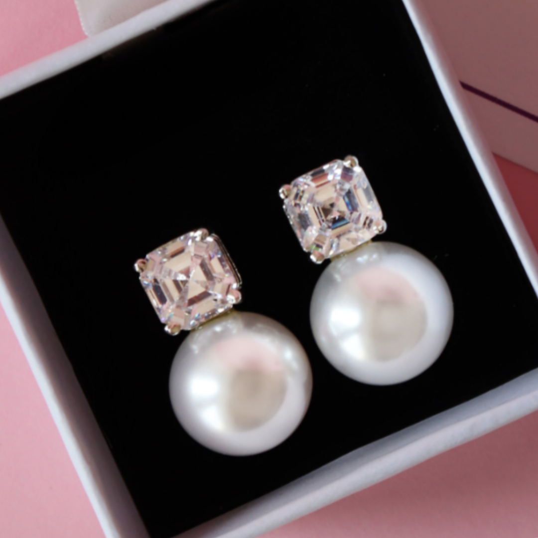 Fresh Water Pearl Zirconia Studs with Ascher Cut Solitaires.